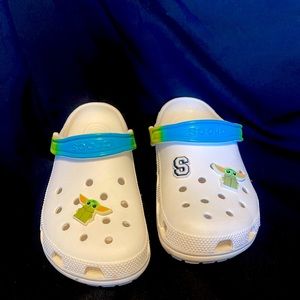 White CROCS with baby yoda and the Letter S